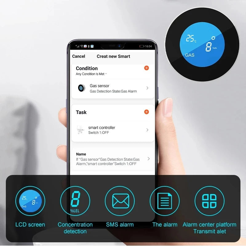 WiFi Tuya App Function Kitchen Natural Gas Leak Alarm Sensor Temperature LCD Digital Display Sound Siren Combustible Detector