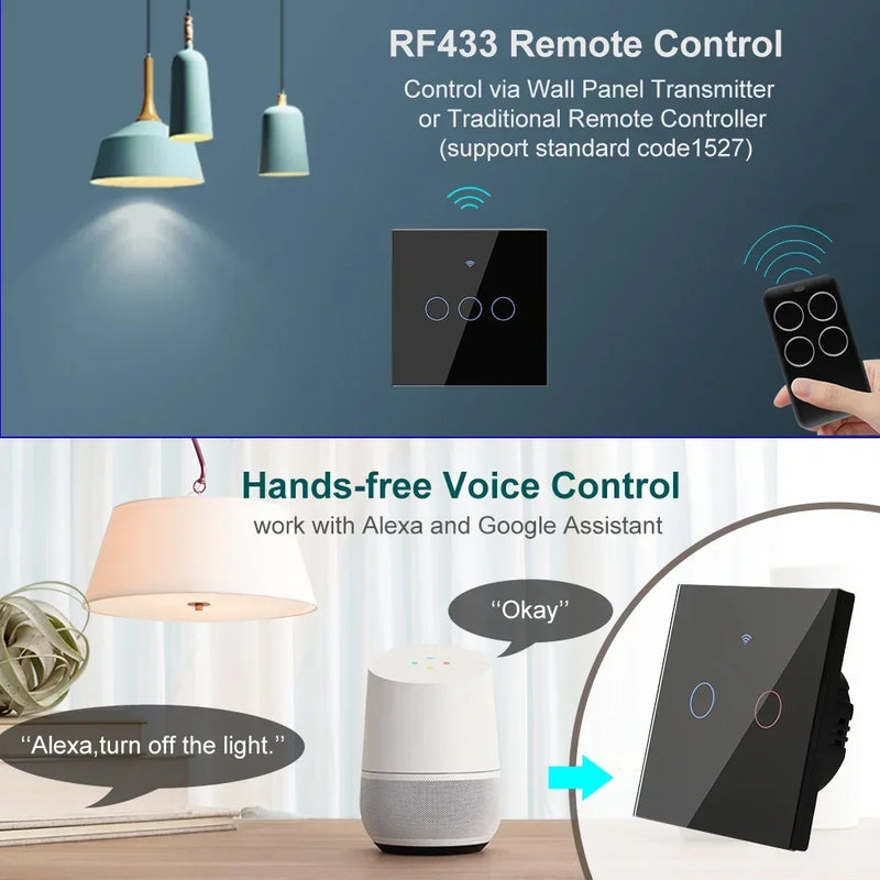 1 2 3 4 Gang 2 3 Way WiFi RF 433mhz Smart Wireless Touch Wall Light with Switch Button 220V with no Neutral EU Tuya Alexa Google