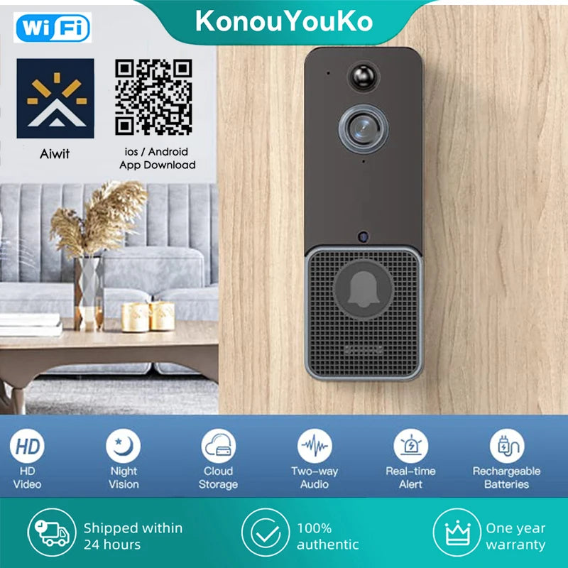 Aiwit T6 Wireless WiFi Video Doorbell Camera Smart Home Outdoor Door Bell Intercom HD Infrad Night Vision Security Protection