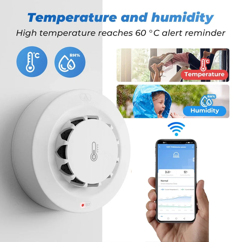 Tuya Wifi BT Two Connection Smoke Detector Temperature Humidity Measurement Device 80dB Sound Alarm Remote Push Alert Function