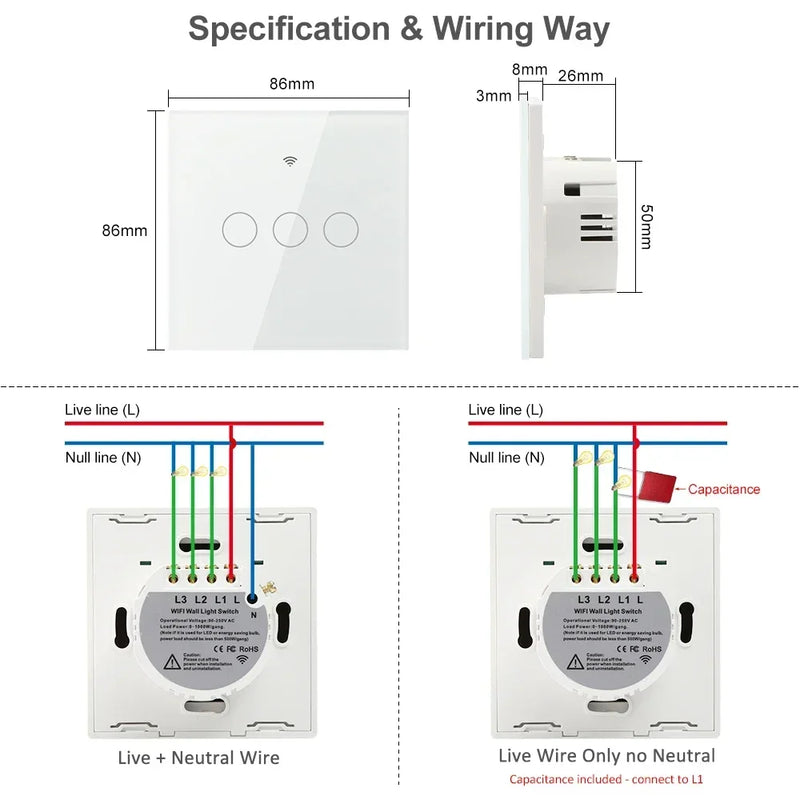 1 2 3 4 Gang 2 3 Way WiFi RF 433mhz Smart Wireless Touch Wall Light with Switch Button 220V with no Neutral EU Tuya Alexa Google