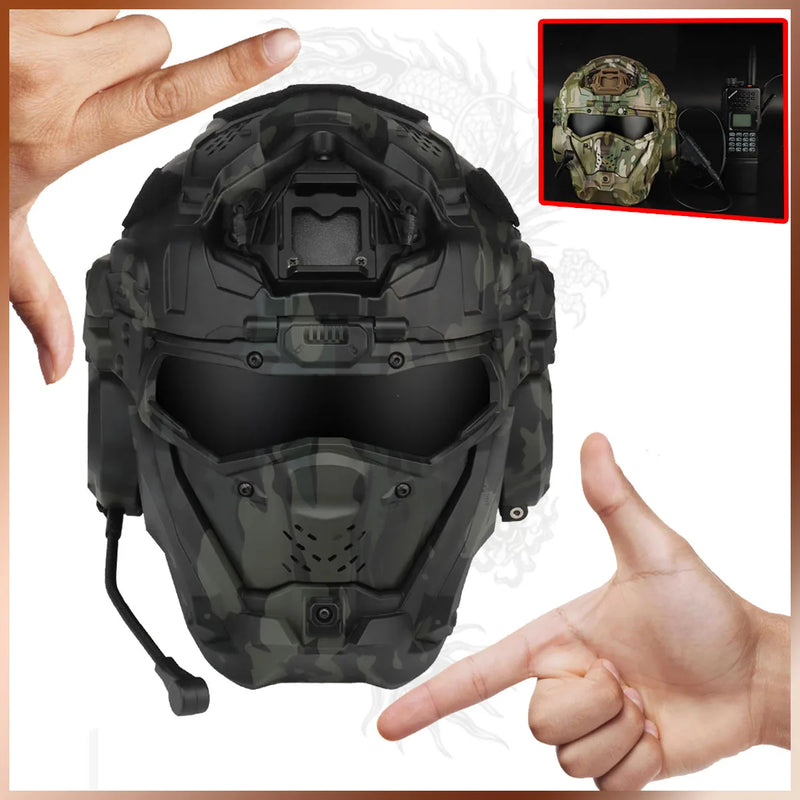 All-in-One Built-in Detachable Airsoft Helmet Tactical Headset Anti-Fog Fan Shade Sliding Goggles Helmet Outdoor CS Hunting Gear