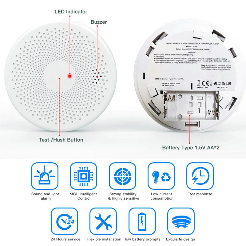 Ultra Thin 2 In 1 Co & Smoke Detector WiFi Function Tuya Smart Life Family Kitchen  Shop Fire Alert Carbon Monoxide Alarm Sensor