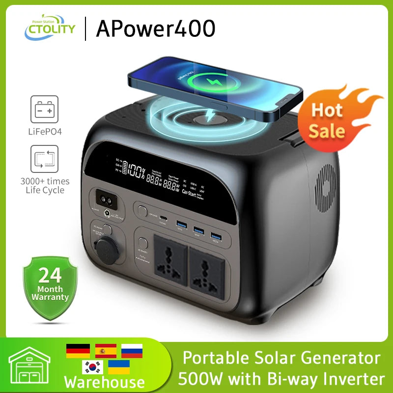 Ctolity 345Wh 500w Portable Power Station 220v Lifepo4 Battery Solar Generator 108000mAh Camping Equipment Wireless Charging