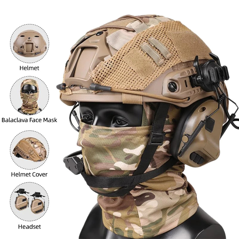 Tactical Helmet with Headset,Adjustable Airsoft Helmet with Helmet Cover & Fcae Balaclava Mask for Cosplay Tactical Hunting Gear