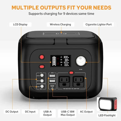 Portable Power Station 300W Power Bank with AC Outlet 228Wh Solar Generator with LED Light Portable Generators 9 Outputs Battery