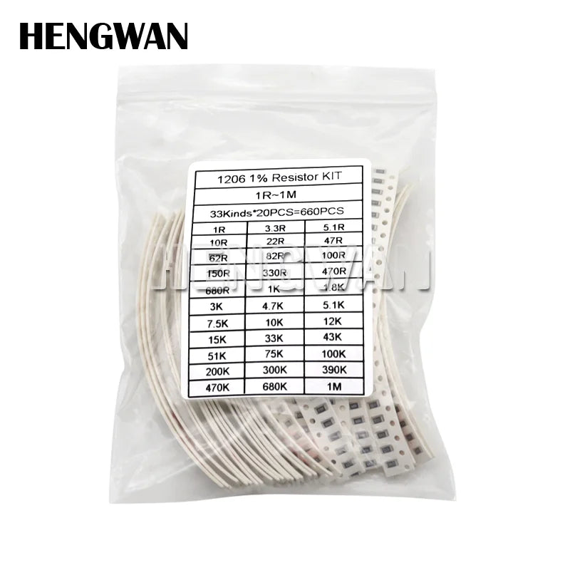 660PCS 0201 0402 0603 0805 1206 1% SMD Resistor Assorted Kit 33Values Each 20pcs 1R-1M 10K 100K 1K 100R Resistance Set