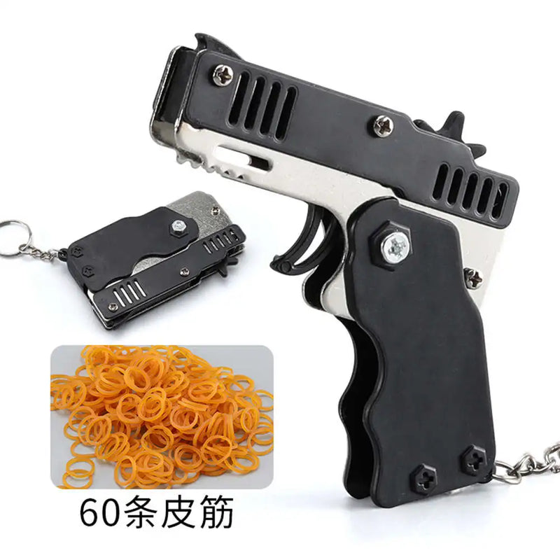 1pcs Mini Metal Gun Folding Rubber Band Toy Outdoor Sports Keychain Toy 6 Bursts Rubber Pistol Kids Gifts Party Favor Gun Toys