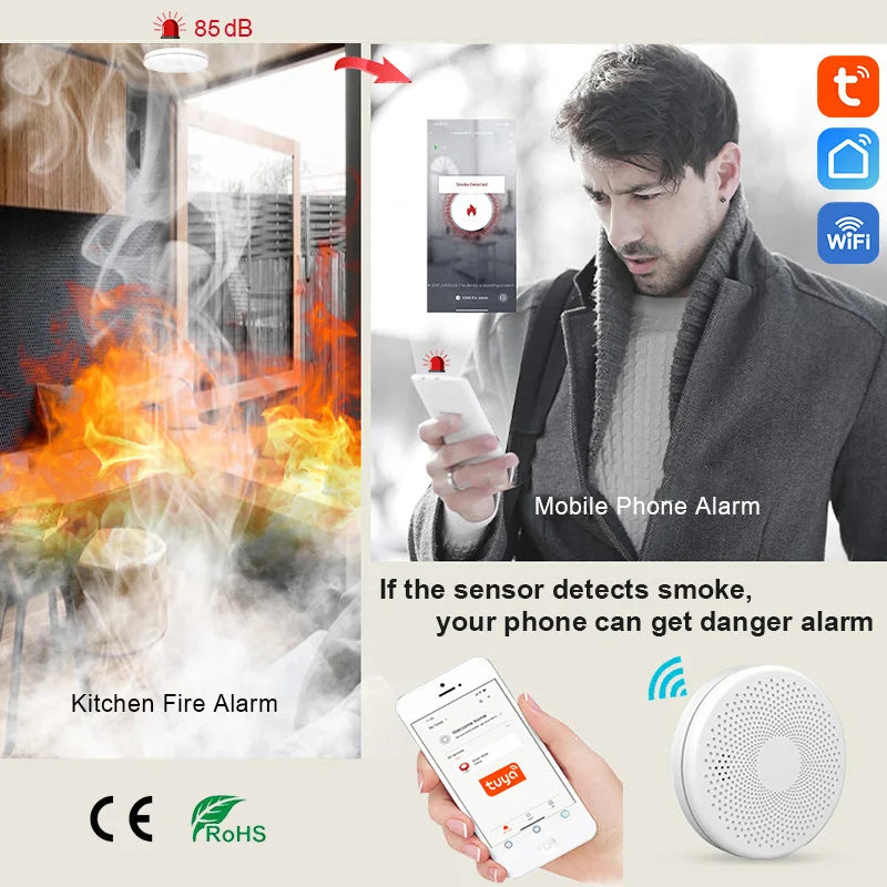 2 in 1 Version WiFi Tuya Smart Co & Smoke Detector Alarm Carbon Monoxide Parlor Room Kitchen Shop Fire PIR Sound Sensor Alert