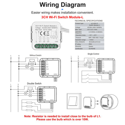 GIRIER Tuya Smart WiFi Smart Light Switch Module No Neutral Wire Required 1 2 3 4 Gang Supports 2 Way Control Alexa Hey Google