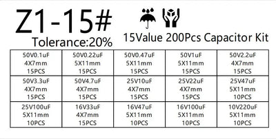 200pcs/lot Radial capacitors set 15Values 10V 16V 25V 50V 0.1uF-220uF Electrolytic Capacitor Assortment Kit 0.22uf 2.2uf 100uf