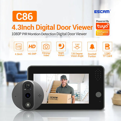 Tuya 1080P Smart WiFi Door Bell Peephole Camera Viewer Home Security Two-way Audio Night Vision 4.3' FHD Video Doorbell Camera