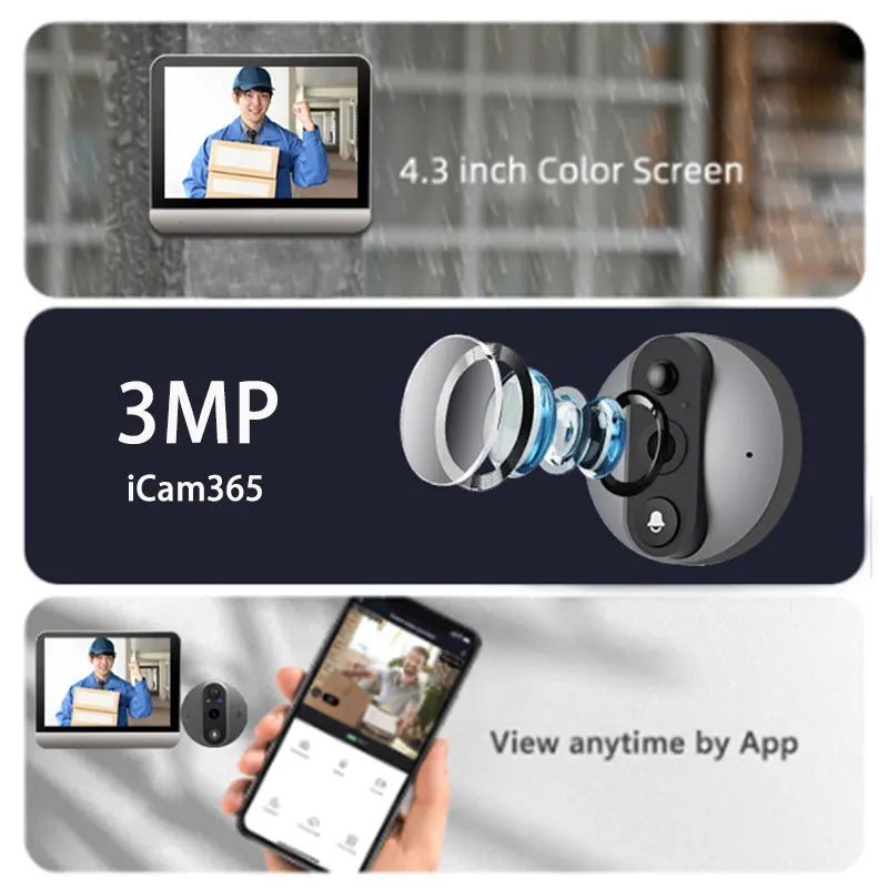 Yuezhe 3MP Security-protection Peephole Doorbell Camera 5000mAh Smart Home 4.3  Screen Night PIR wifi Phone wireless door bell