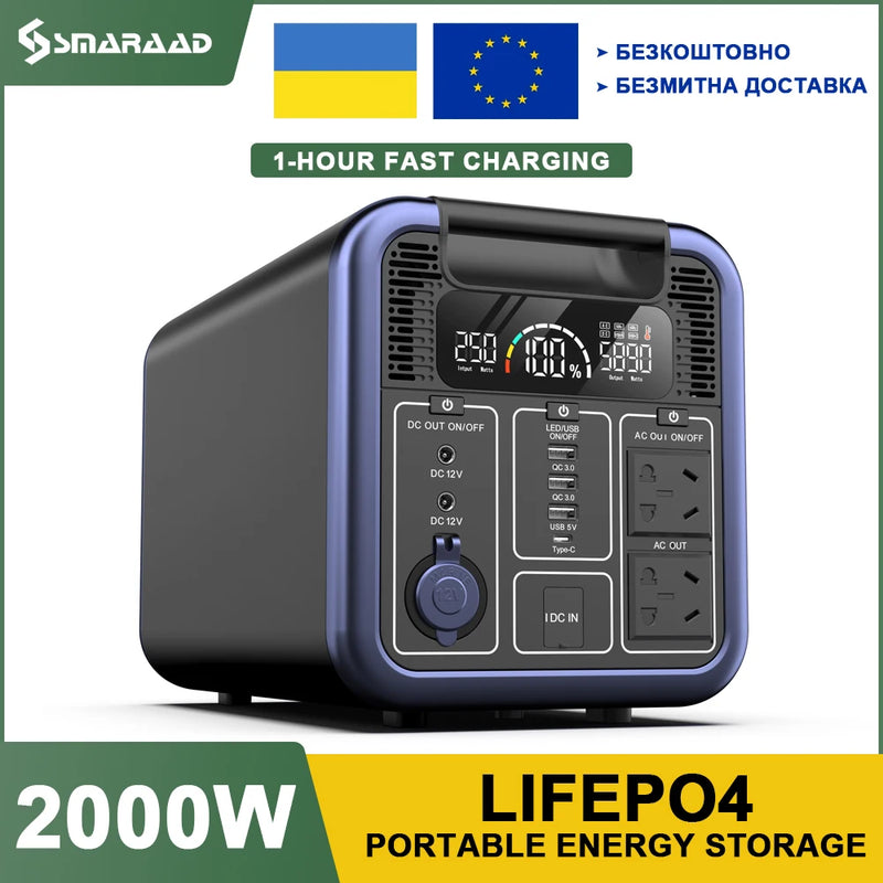 Portable Power Station LiFePO4 Iron Phosphate Peak 2000W 1280Wh Household Energy Storage Appliances Connected For Outdoor RV Use