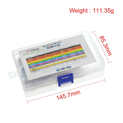 TZT 600pcs/set 30 Kinds 1/4W Resistance 1% Metal Film Resistor Pack Assorted Kit 1K 10K 100K 220ohm 1M Resistors 300pcs/set