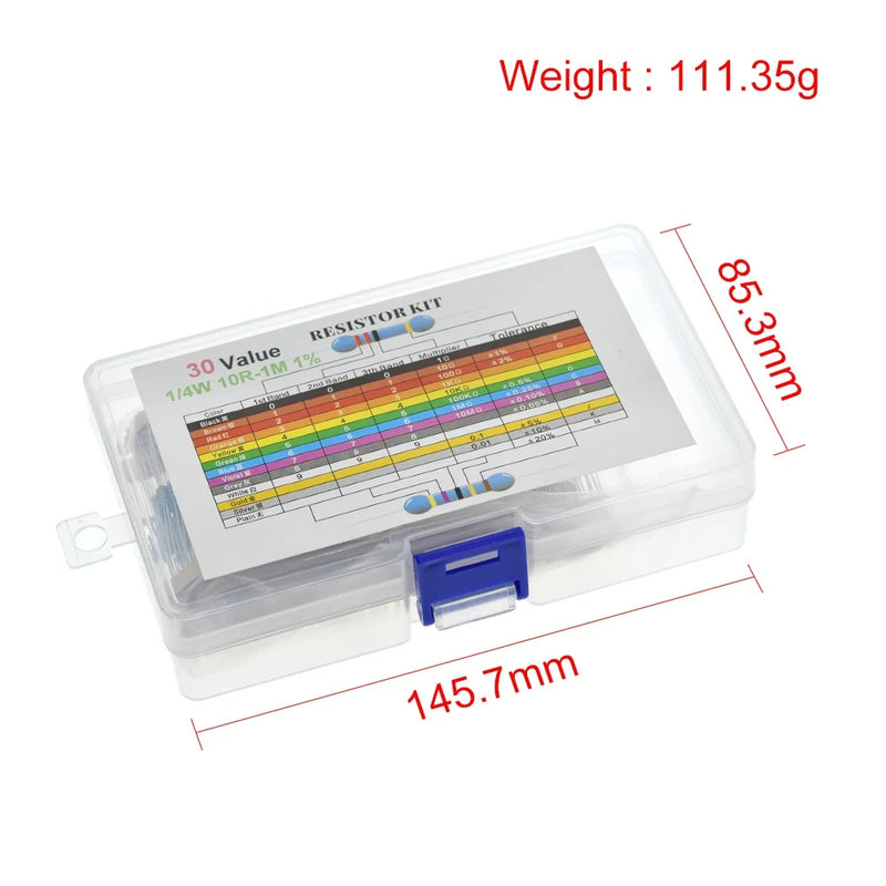 TZT 600pcs/set 30 Kinds 1/4W Resistance 1% Metal Film Resistor Pack Assorted Kit 1K 10K 100K 220ohm 1M Resistors 300pcs/set