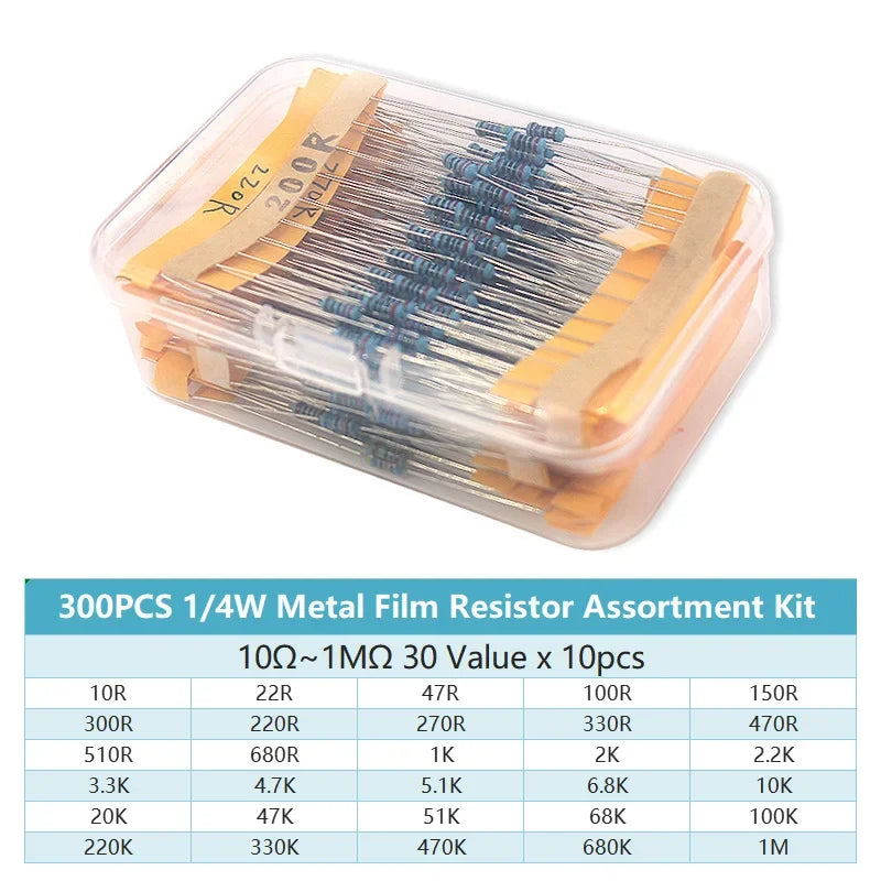 300/600PCS 30Values 1/4W Metal Film Resistor Kit with Box 10Ohm ~1M Resistance 1% Set of Resistors