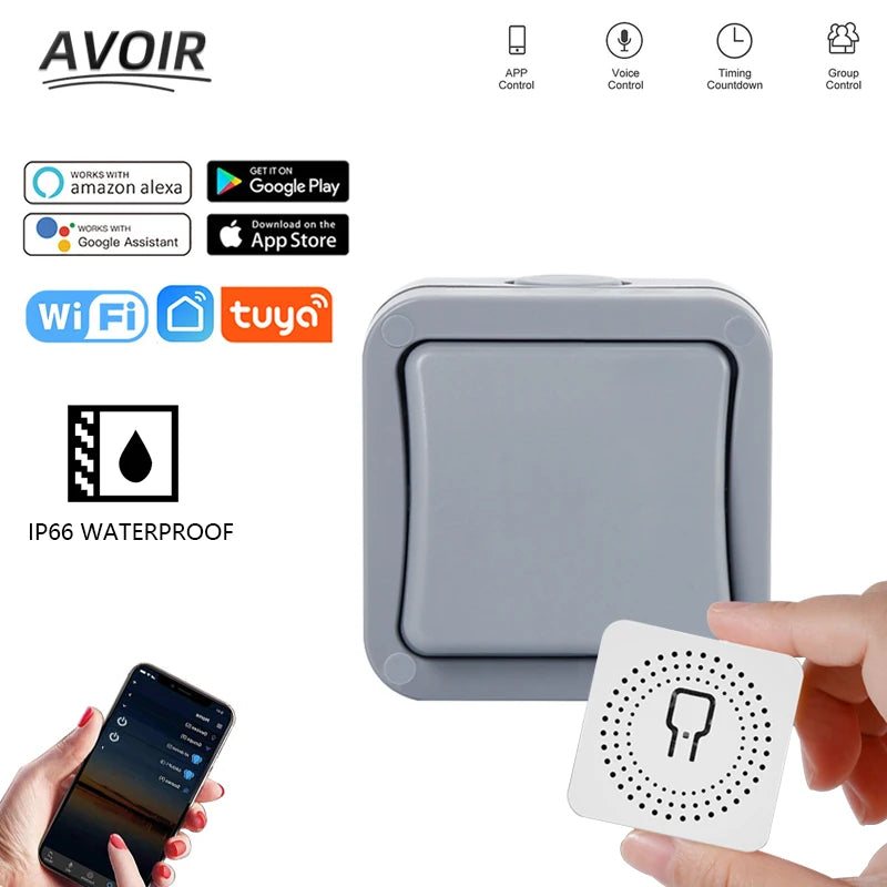 Avoir Tuya Push Button Switch IP66 Waterproof Box Wifi Smart Home Control Wall Light Switches 2 Way Work With Alexa Google Home