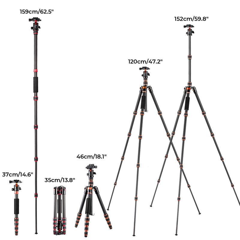 K&F Concept 60"/152cm Carbon Fiber Camera Tripod Lightweight Travel Tripod 8kg/17.6lbs with 360° Ball Head for Canon Sony Nikon