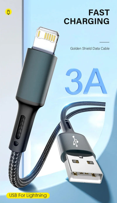 3A USB Cable For iPhone 14 13 12 11 Pro Max X XR 6s 7 8 Plus 2m 3m Lead Mobile Phone Fast Charging Cord Data Charger Wire