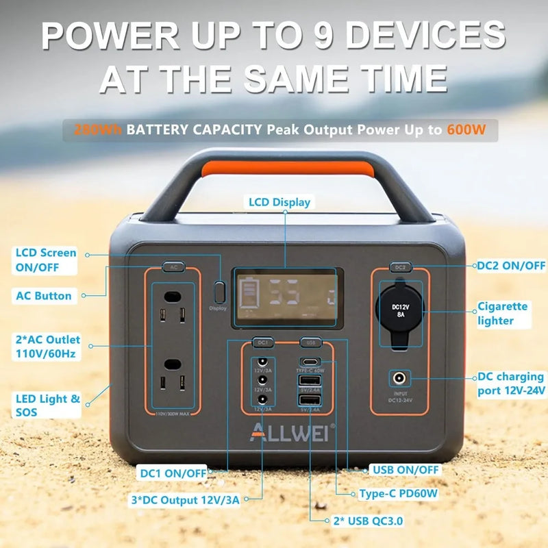 Portable Power Station, Solar Generator with 120V AC Power Socket, 78000mAh Backup Lithium Battery Generator, 300W, 280Wh